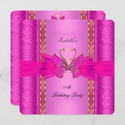 Elegantes Elite Hot Pink Gold Butterfly Party Einladung (Vorne/Hinten)