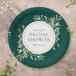 Elegantes Emerald Gold Greenery Brautparty Pappteller<br><div class="desc">Diese eleganten Botanischen Brautparty-Papierfräsen mit zarten Aquarellfarben-Blätter auf smaragdgrünem Hintergrund können mit Ihren speziellen Brautparty-Informationen personalisiert werden. Entwickelt von Thisisnotme©</div>