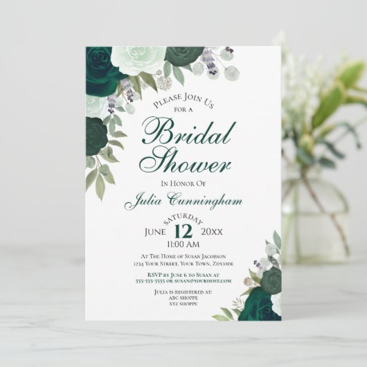 Elegantes Emerald Green Boho Floral Brautparty Einladung (Stehend Vorderseite)