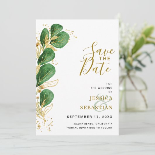 Elegantes Emerald Green Eucalyptus-Foto Save The Date (Stehend Vorderseite)