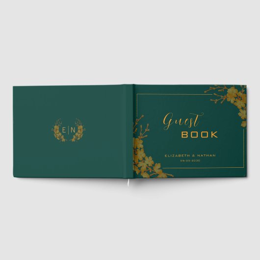 Elegantes Emerald Green & Gold Floral Guestbook Gästebuch (Voll)