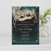 Elegantes Emerald Green Gold Masquerade Party Einladung (Stehend Vorderseite)