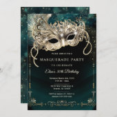 Elegantes Emerald Green Gold Masquerade Party Einladung (Vorne/Hinten)