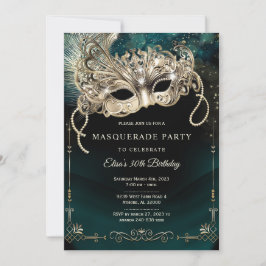 Elegantes Emerald Green Gold Masquerade Party Einladung