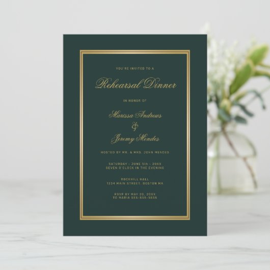 Elegantes Emerald Green Gold Script Probe Dinner Einladung (Stehend Vorderseite)