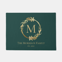 Elegantes Emerald Green Gold Wreath Family Monogra Fußmatte