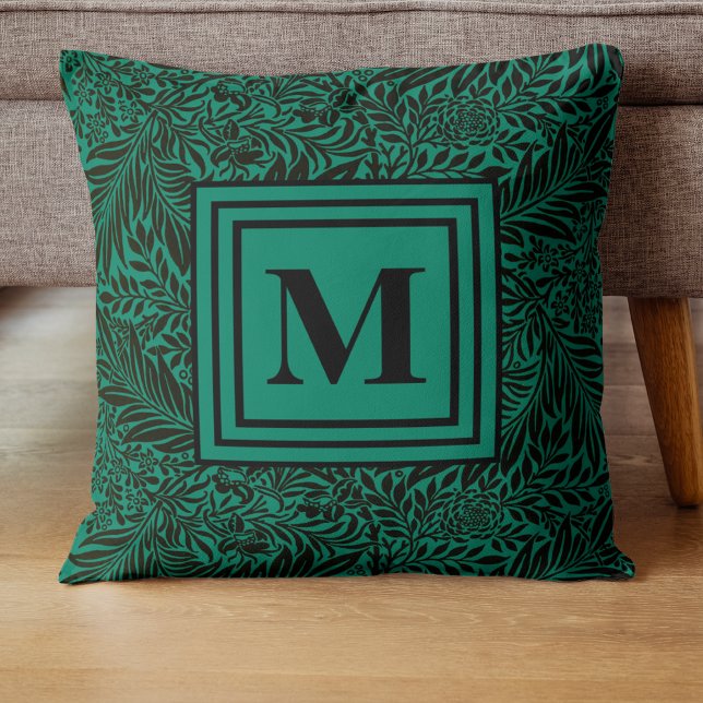 Elegantes Emerald Green Monogram Foliage Muster Kissen (Von Creator hochgeladen)
