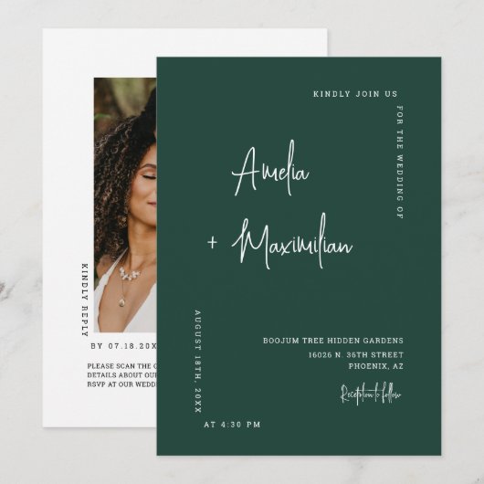 Elegantes Emerald Green QR Code Wedding Foto Einladung (Vorne/Hinten)