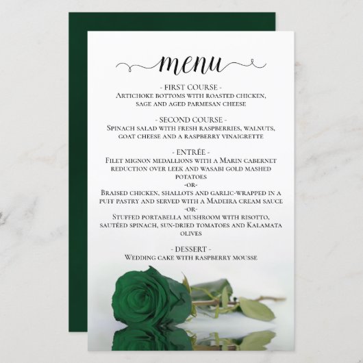 Elegantes Emerald Green Rose Budget Wedding Menu (Vorne/Hinten)