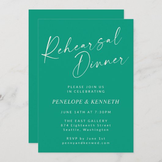 Elegantes Emerald Green Script Probe Dinner Einladung (Vorne/Hinten)