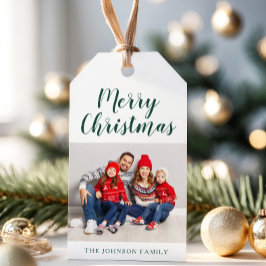 Elegantes Emerald Green Script Weihnachts-Foto Geschenkanhänger