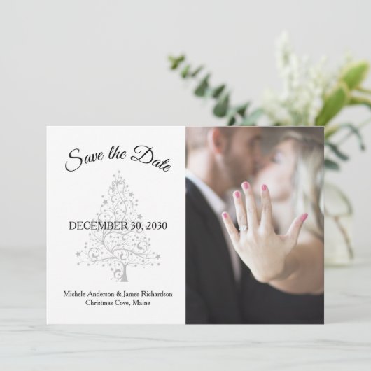 Elegantes Emerald Green Silver Winter Wedding Foto Save The Date (Stehend Vorderseite)