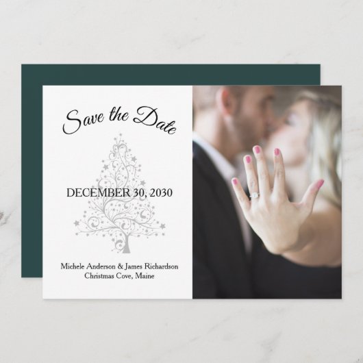 Elegantes Emerald Green Silver Winter Wedding Foto Save The Date (Vorne/Hinten)