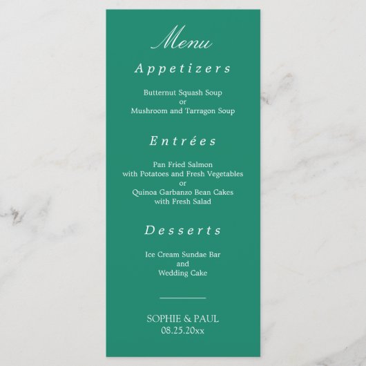 Elegantes Emerald Green Wedding Menu Menükarte (Vorderseite)