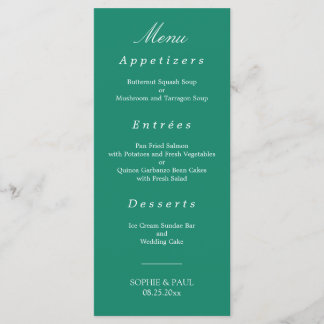 Elegantes Emerald Green Wedding Menu Menükarte