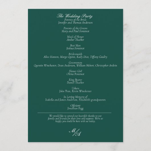 Elegantes Emerald Green Wedding Program Programm (Rückseite)