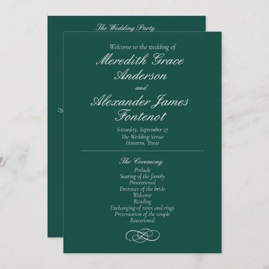 Elegantes Emerald Green Wedding Program Programm (Vorne/Hinten)