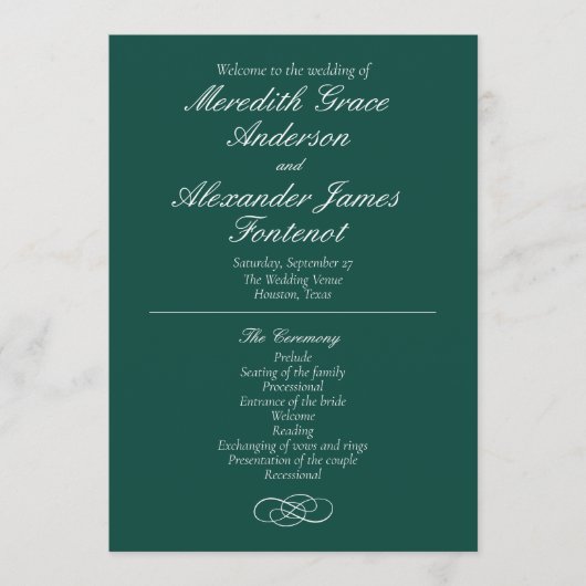 Elegantes Emerald Green Wedding Program Programm (Vorderseite)