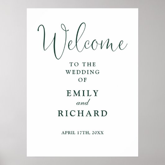 Elegantes Emerald Green Wedding Welcome Sign Poster (Vorne)