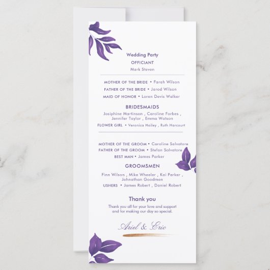 Elegantes Emerald Lila Eucalyptus Wedding Program (Rückseite)