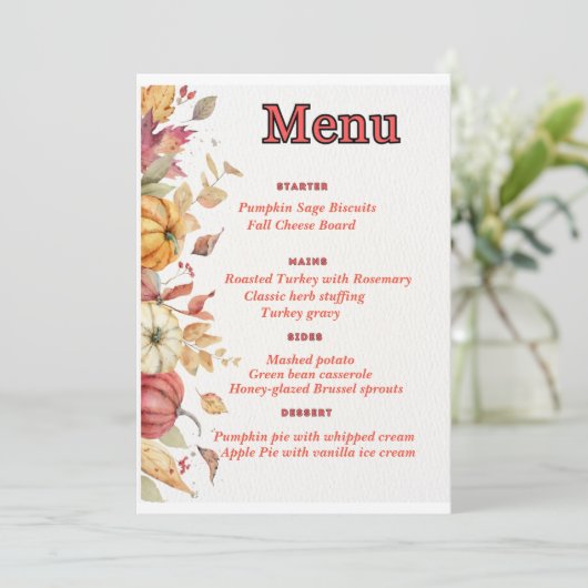 Elegantes Erntedank-Menü Einladung (Stehend Vorderseite)