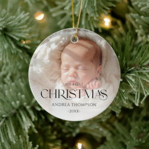 Elegantes erstes Weihnachten des Babys Doppel-Foto Keramik Ornament