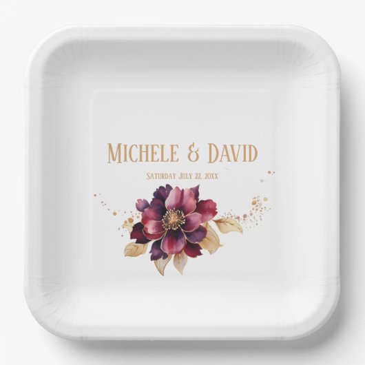 Elegantes Essen auf dem White Gold Burgundy Square Pappteller (Vorderseite)