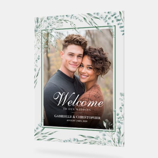 Elegantes Eucalyptus Foliage Wedding Welcome Foto Acrylschild (Winkel)