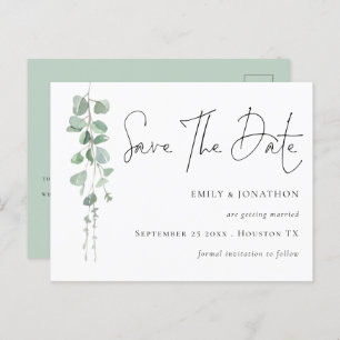 Elegantes Eucalyptus QR-Code-Skript Save the Date Postkarte