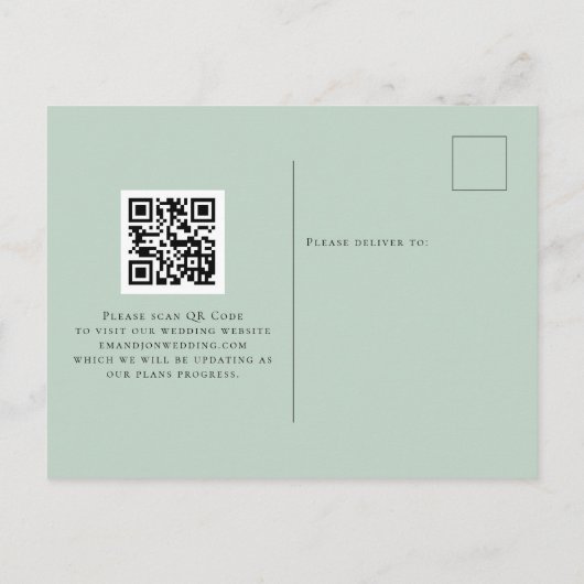 Elegantes Eucalyptus QR-Code-Skript Save the Date Postkarte (Rückseite)