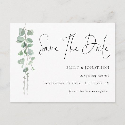 Elegantes Eucalyptus QR-Code-Skript Save the Date Postkarte (Vorderseite)