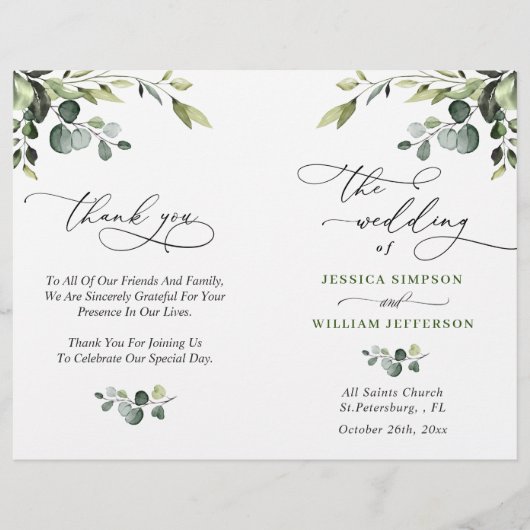 Elegantes Eucalyptus Watercolor Boho Hochzeitsprog (Vorderseite)