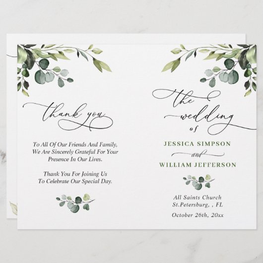 Elegantes Eucalyptus Watercolor Boho Hochzeitsprog (Vorne/Hinten)
