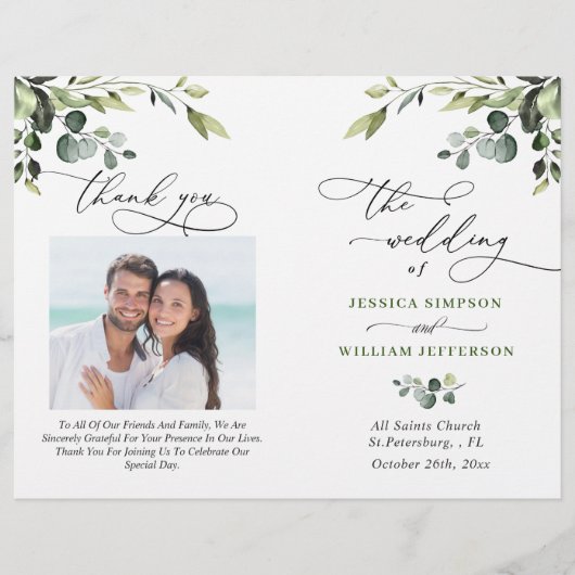 Elegantes Eucalyptus Watercolor Boho Hochzeitsprog (Vorderseite)