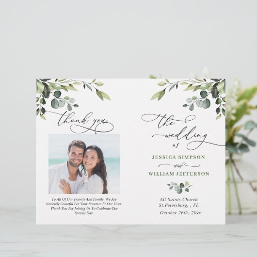 Elegantes Eucalyptus Watercolor Boho Hochzeitsprog (Stehend Vorderseite)