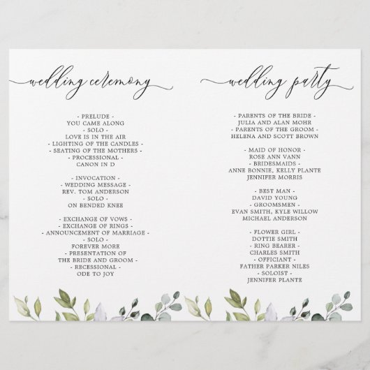 Elegantes Eucalyptus Watercolor Boho Hochzeitsprog (Rückseite)