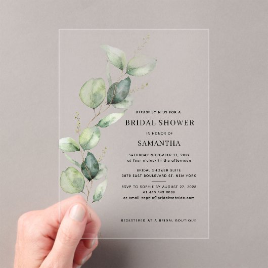 Elegantes Eucalyptus Watercolor-Brautparty Acryleinladungen (Insitu (Handheld))