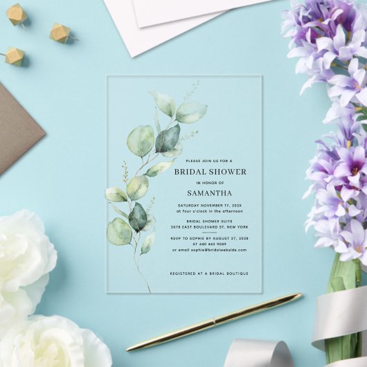 Elegantes Eucalyptus Watercolor-Brautparty Acryleinladungen (In Situ (Hochzeit))
