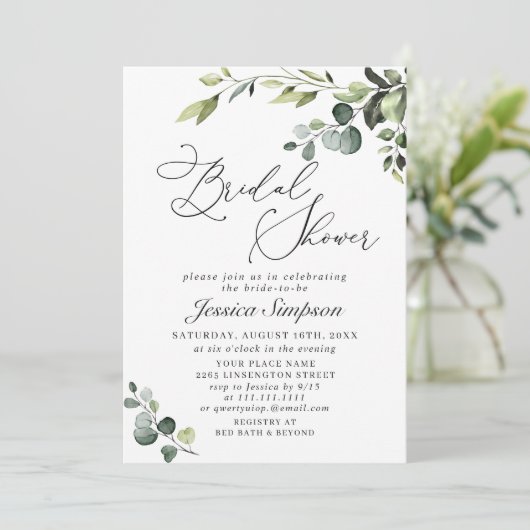 Elegantes Eucalyptus Watercolor-Brautparty Einladung (Stehend Vorderseite)