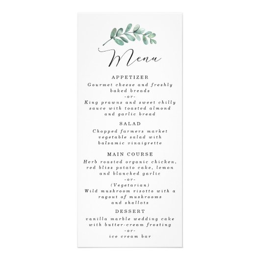 Elegantes Eucalyptus Wedding Menu Werbekarte (Vorne)