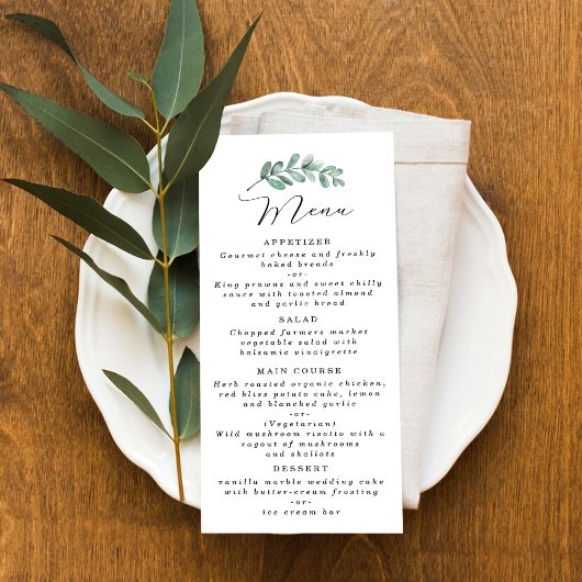 Elegantes Eucalyptus Wedding Menu Werbekarte