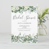 Elegantes Eucalyptus Weißes Foral-Brautparty Einladung (Stehend Vorderseite)