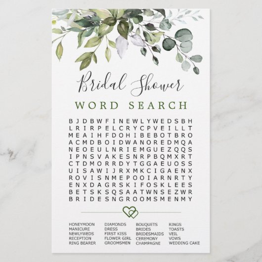 Elegantes Eucalyptus Word Search Brautparty Game (Vorderseite)