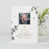 Elegantes Eukalyptus Beileid Beerdigung Foto Dankeskarte (Stehend Vorderseite)