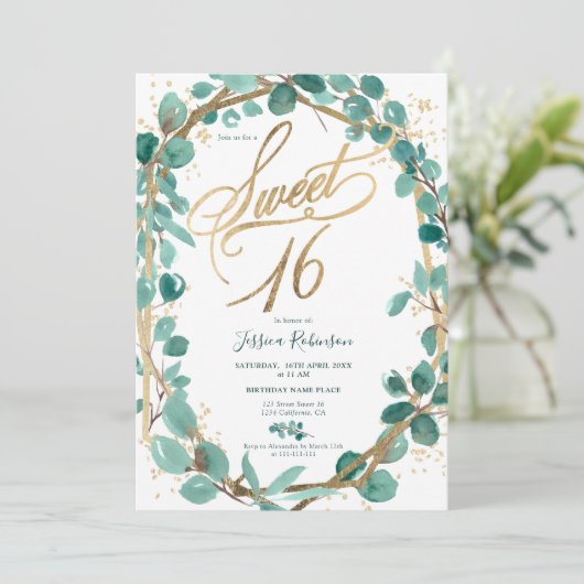 Elegantes Eukalyptus-Blatt-Foto-Skript, süß 16 Einladung (Stehend Vorderseite)