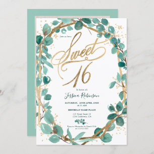 Elegantes Eukalyptus-Blatt-Foto-Skript, süß 16 Einladung