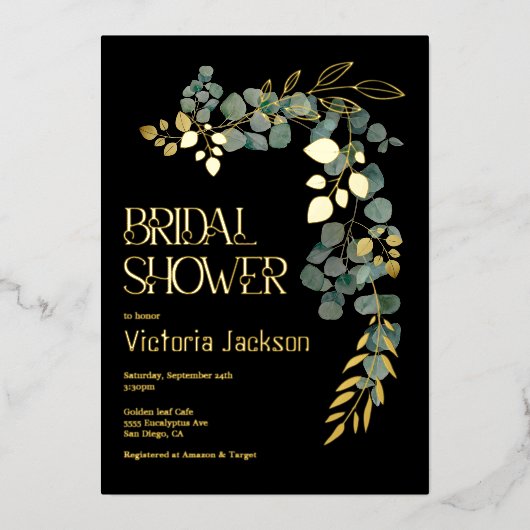 Elegantes Eukalyptus-Blätter-Brautparty Folieneinladung (Vorderseite)