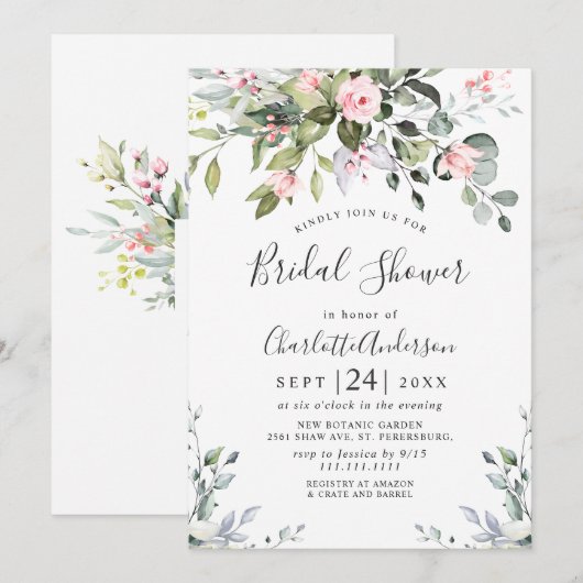 Elegantes Eukalyptus Blush Rose BRAUTPARTY Einladung (Vorne/Hinten)