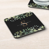 Elegantes Eukalyptus Botanical Gold Monogram Scrip Getränkeuntersetzer (Linke Seite)