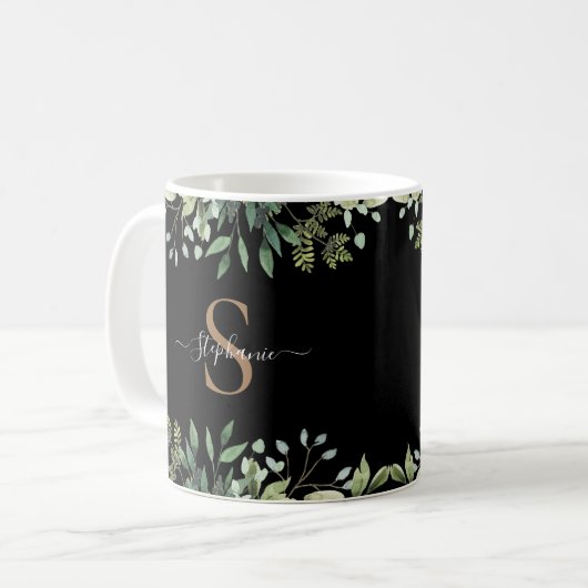 Elegantes Eukalyptus Botanical Gold Monogram Scrip Kaffeetasse (Vorderseite Links)